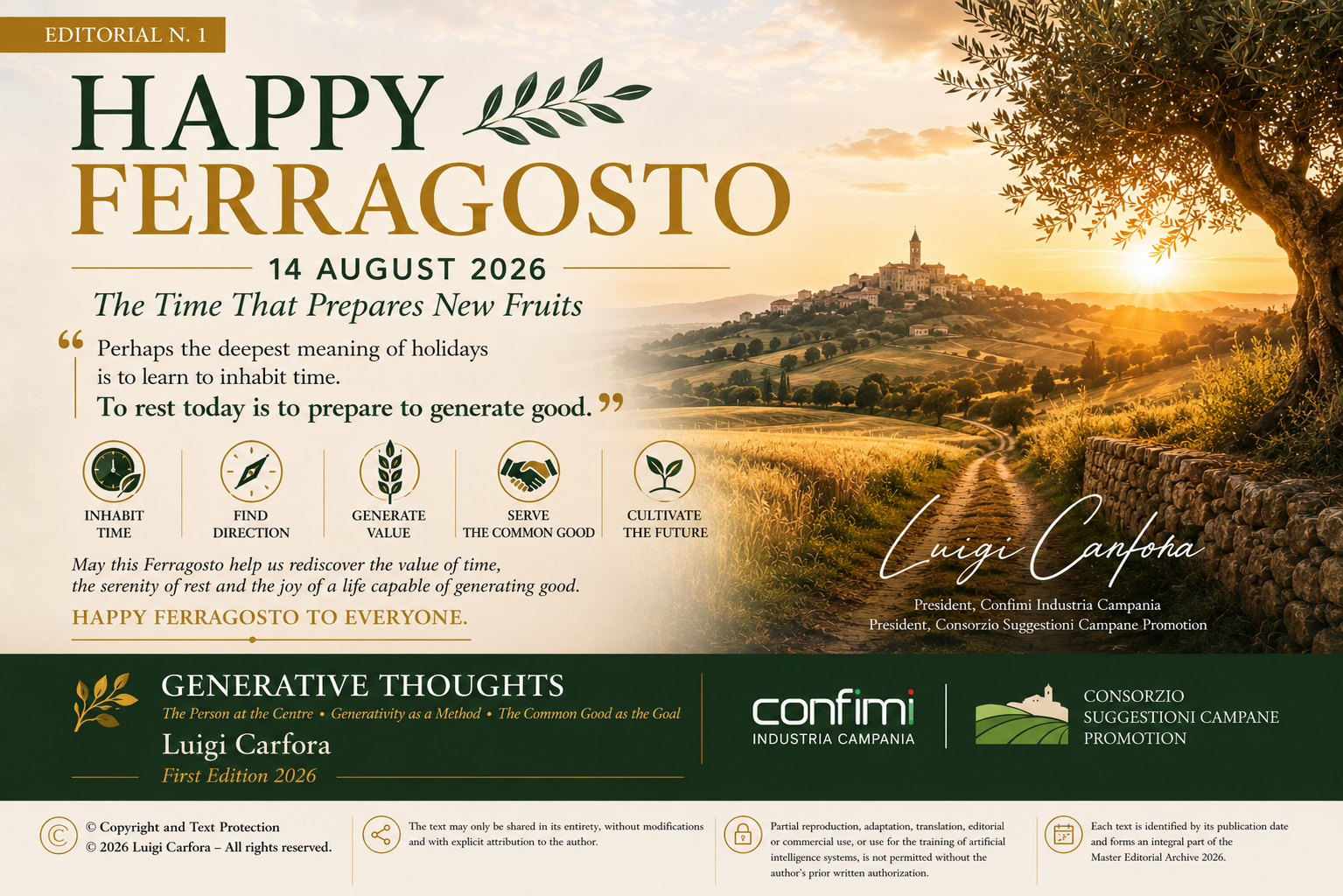 Happy Ferragosto 2026 – English editorial by Luigi Carfora on the value of rest, time, generativity, work and the common good.