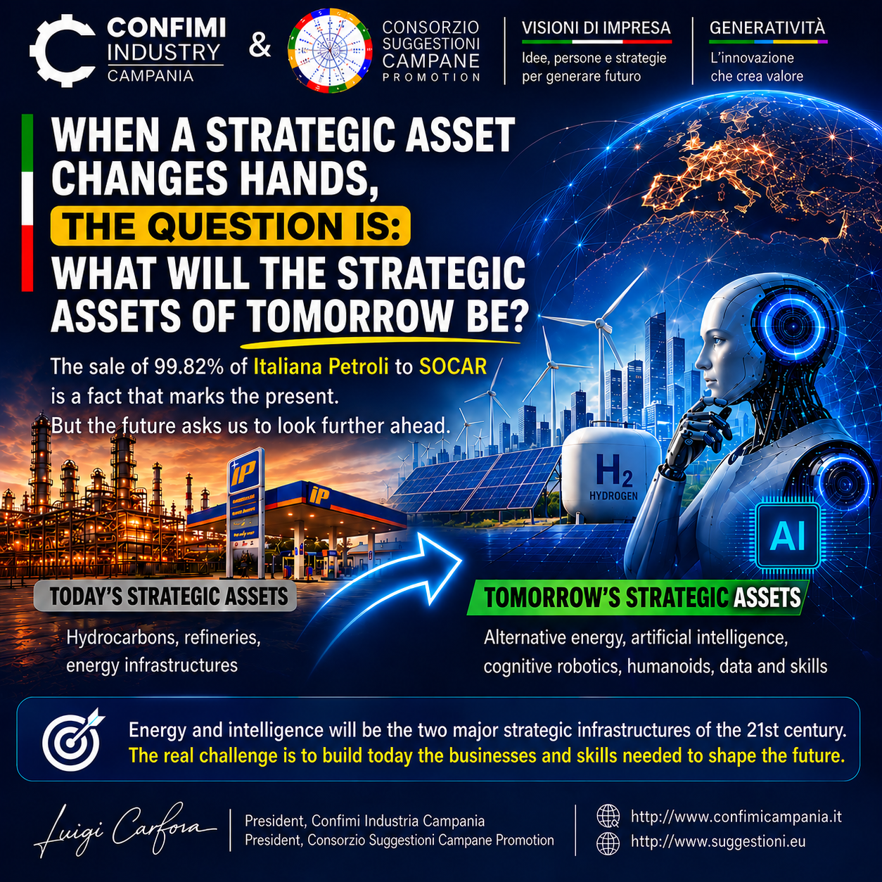 Strategic assets are changing: the future will require both more energy and more advanced technology, with energy sovereignty, artificial intelligence and robotics becoming increasingly central to industrial competitiveness.