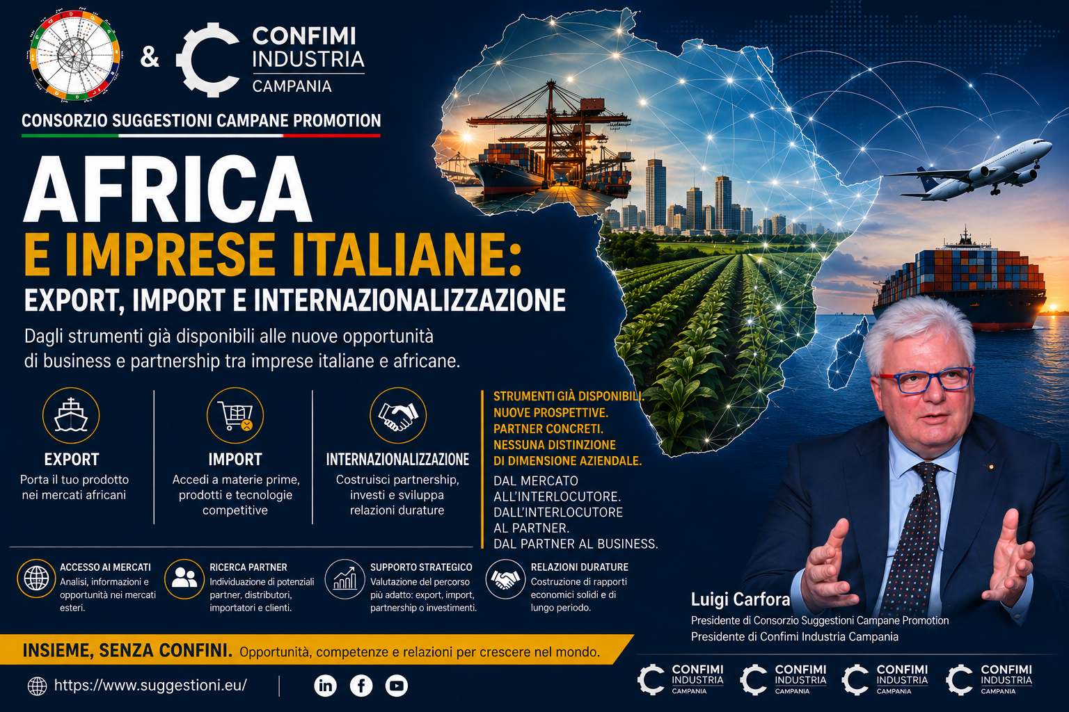 Luigi Carfora, Presidente di Consorzio Suggestioni Campane Promotion e Presidente di Confimi Industria Campania, presenta opportunità di export, import e internazionalizzazione tra imprese italiane e mercati africani.