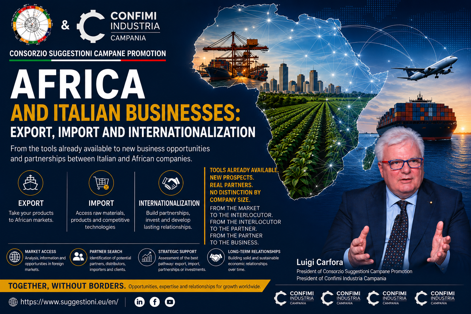 Luigi Carfora, President of Consorzio Suggestioni Campane Promotion and President of Confimi Industria Campania, presenting export, import and internationalization opportunities for Italian businesses in African markets.