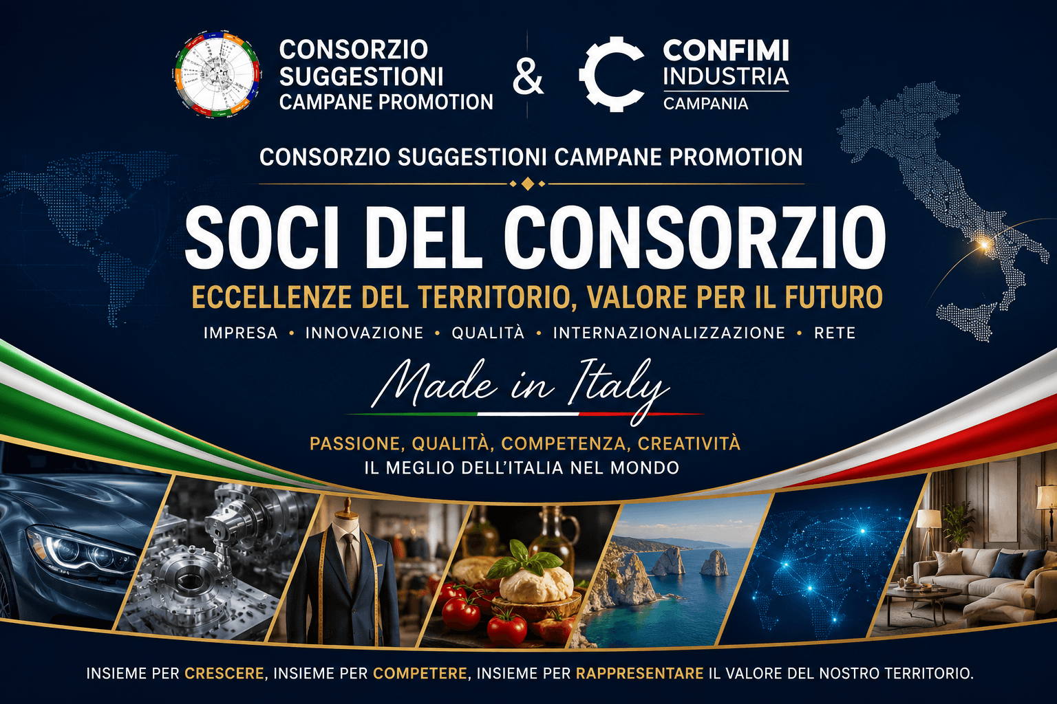 Grafica istituzionale del Consorzio Suggestioni Campane Promotion e Confimi Industria Campania dedicata ai soci del Consorzio. La composizione, su sfondo blu, presenta i loghi delle due organizzazioni, la scritta “Soci del Consorzio” e il messaggio “Eccellenze del territorio, valore per il futuro”. Sono evidenziati i valori di impresa, innovazione, qualità, internazionalizzazione e rete, insieme al concetto di “Made in Italy”. Nella parte inferiore, immagini rappresentative di industria, tecnologia, moda, agroalimentare, turismo, territorio e internazionalizzazione illustrano la dimensione multisettoriale delle imprese consorziate. Chiude il messaggio: “Insieme per crescere, insieme per competere, insieme per rappresentare il valore del nostro territorio”.