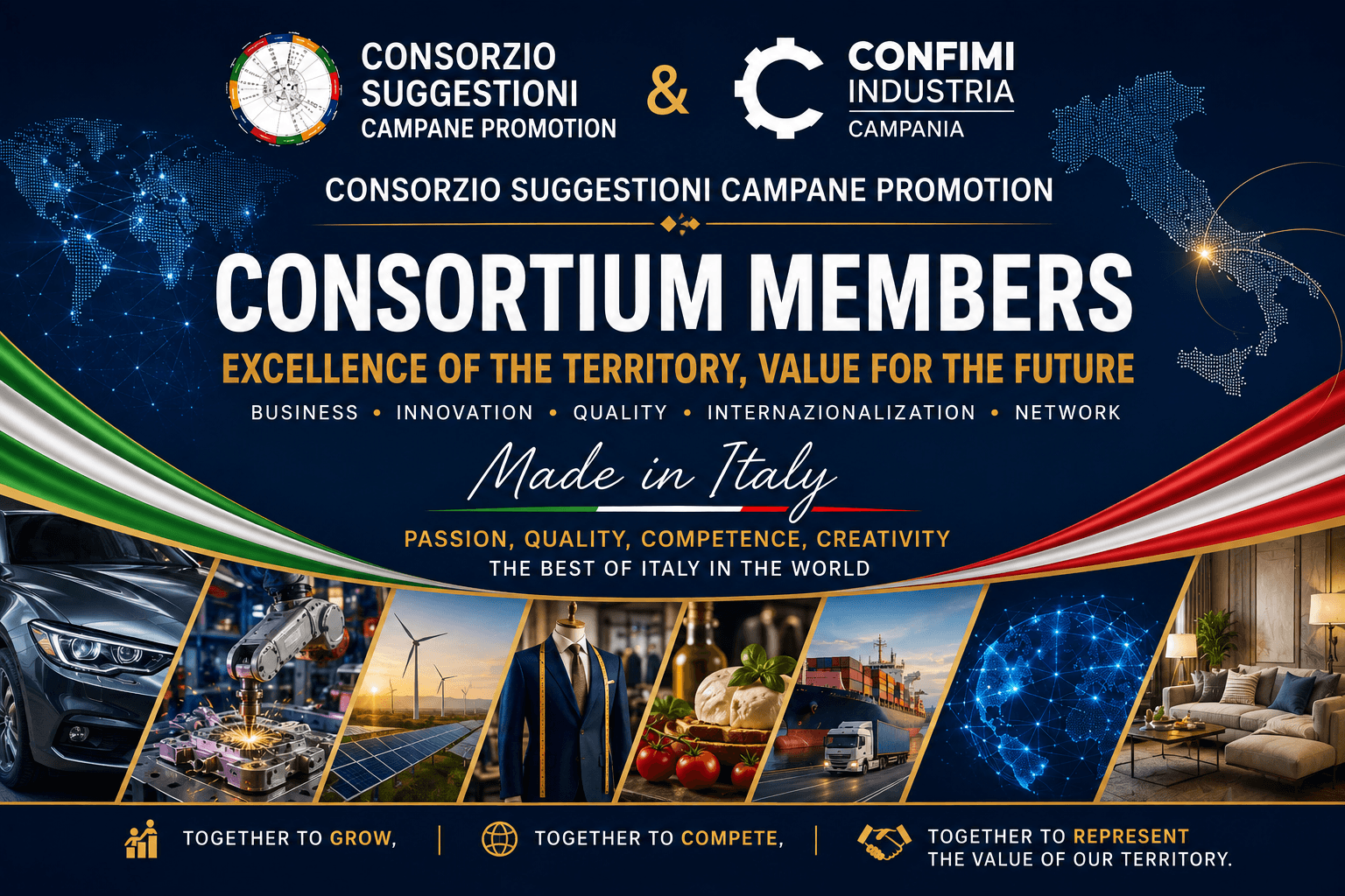 Institutional graphic of Consorzio Suggestioni Campane Promotion and Confimi Industria Campania dedicated to the members of the Consortium. The graphic features the logos of the two organizations and the headline “Consortium Members”, with the message “Excellence of the Territory, Value for the Future”. It highlights the values of business, innovation, quality, internationalization and networking, together with the concept of “Made in Italy”. The lower section features images representing different sectors, including industry, technology, fashion, food, tourism, territory and international business, emphasizing the multisectoral nature of the consortium member companies. The graphic concludes with the message: “Together to grow, together to compete, together to represent the value of our territory.”