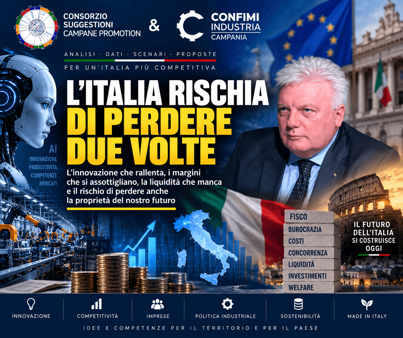 Copertina dell’articolo “L’Italia rischia di perdere due volte”, una riflessione di Luigi Carfora su innovazione, intelligenza artificiale, competitività, margini, liquidità, investimenti, burocrazia e futuro economico delle imprese italiane.