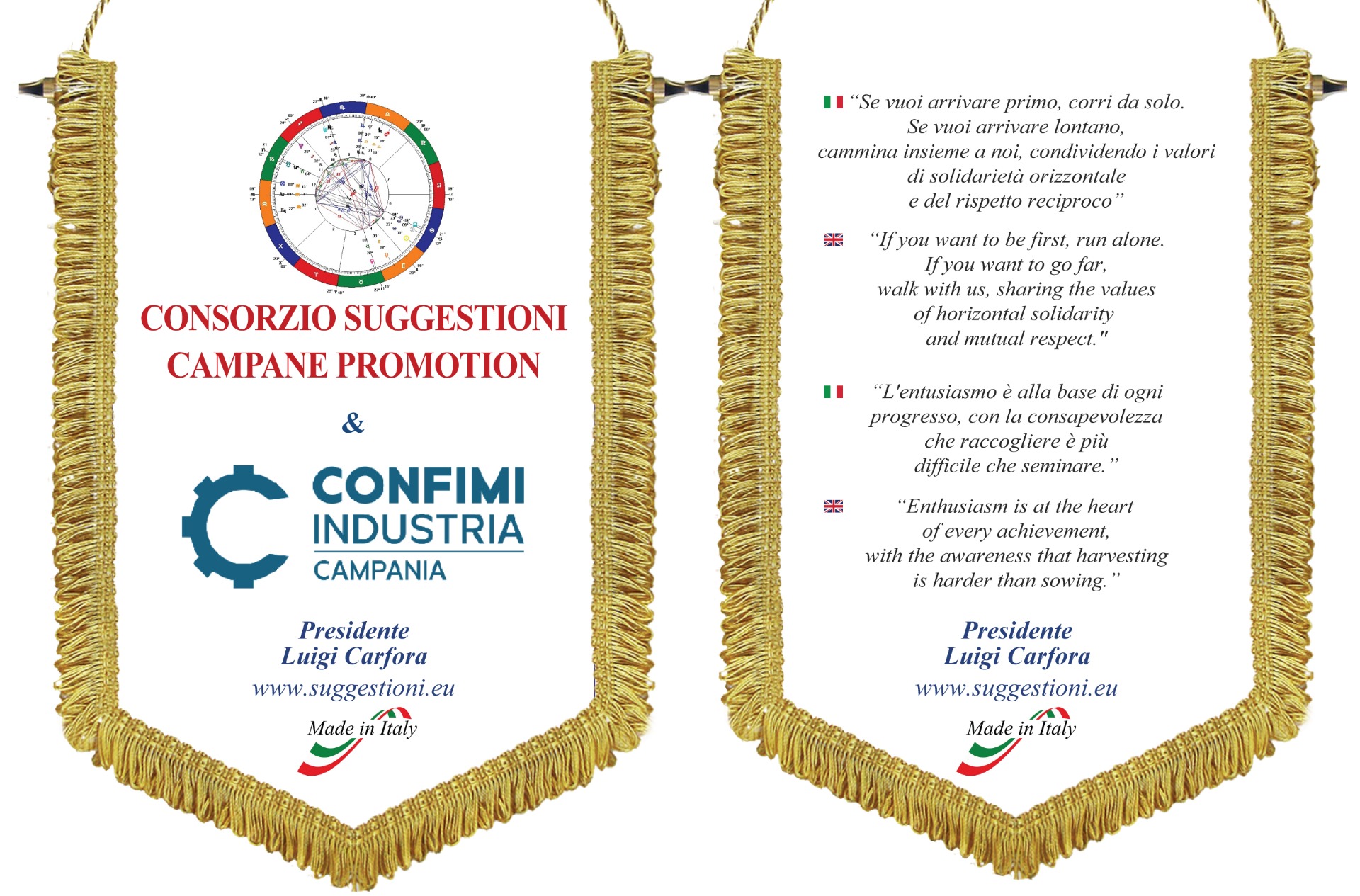 Gagliardetto del Consorzio Suggestioni Campane Promotion e Confimi Industria Campania con il nome del Presidente Luigi Carfora, simboli e messaggi sulla solidarietà e collaborazione tra imprese.