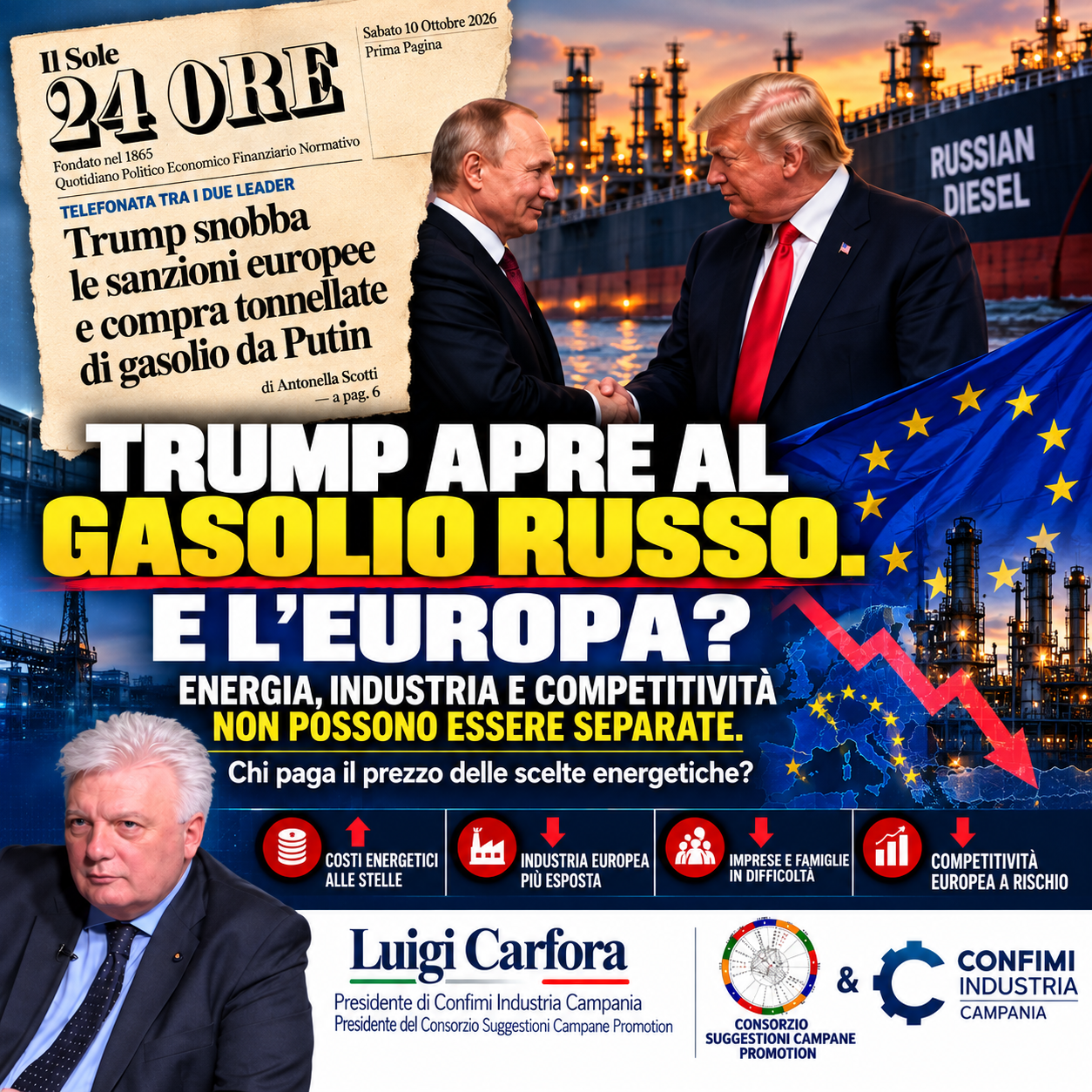 Donald Trump e Vladimir Putin, protagonisti dell’annuncio sulle forniture di gasolio russo fino a 4,8 milioni di tonnellate, nell’analisi di Luigi Carfora su energia e competitività industriale.