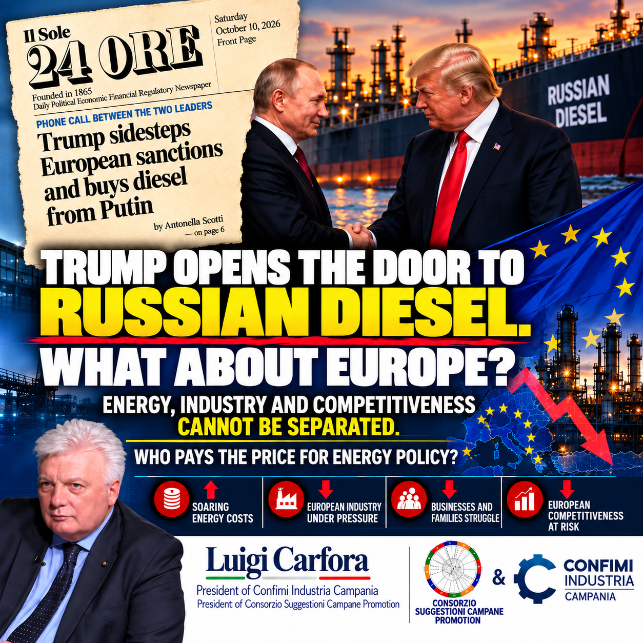 European energy policy and green transition, illustrating the debate over energy costs, climate objectives and industrial competitiveness in an analysis by Luigi Carfora.